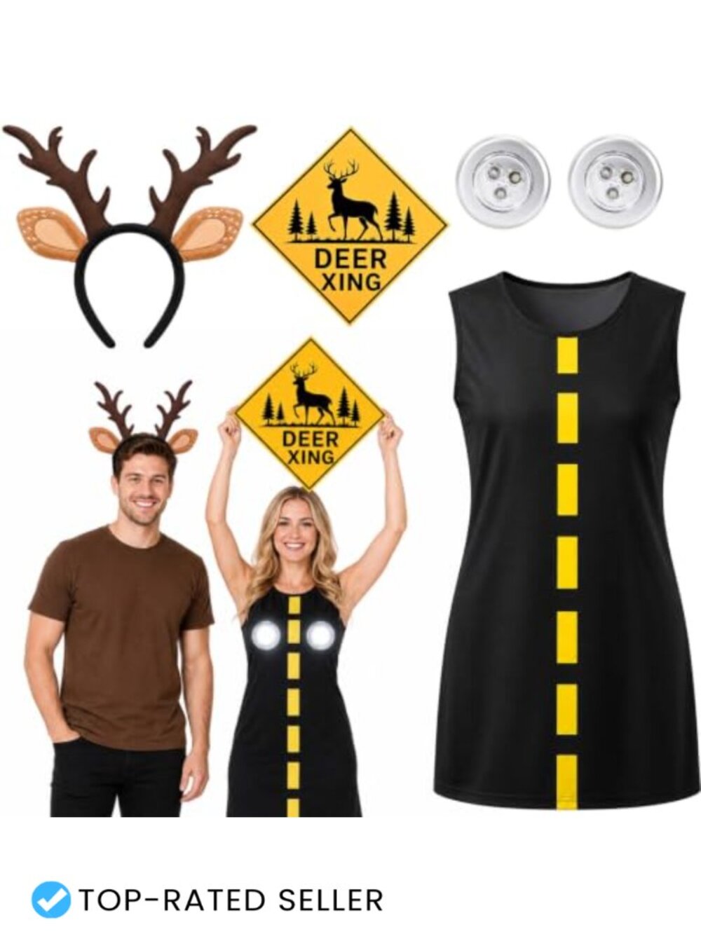 Deer and Headlights Couples Costume Set Road Dress Antler Headband Halloween